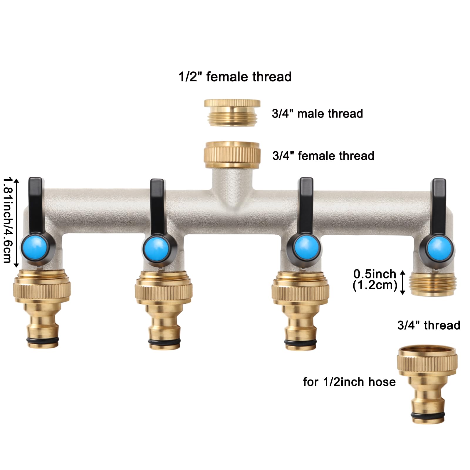 Distributeur d'eau à 4 voies en laiton, adaptateur de 3/4" avec 4 raccords de robinet de 3/4" à 1/2" pour maison, cour, machine à laver