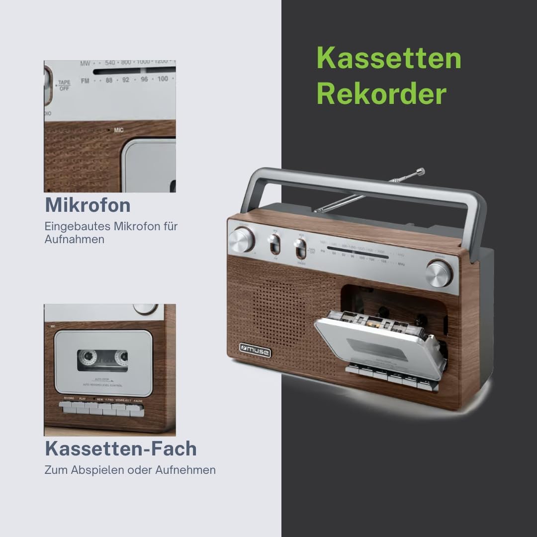 Muse M-152 RC Radio Portable avec Lecteur de Cassettes, Radio analogique FM/MW, enregistreur Cassette, Microphone intégré, entrée auxiliaire 3,5 mm, antenne télescopique, poignée de Transport