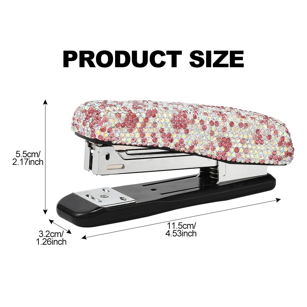 XhuangTech Bling Crystal Stapler, Handmade Rhinestone Cute Stapling Machine Stationery Stylish Accessories, Glitter Gem Desktop Stapler for Office School Classroom Home Supplies (Pink White) - Image 2