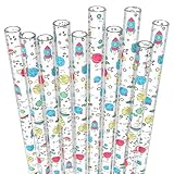 Fiesta First 10 Short Reusable Transparent Hard Plastic Drinking Straws, Space Planets Print Design