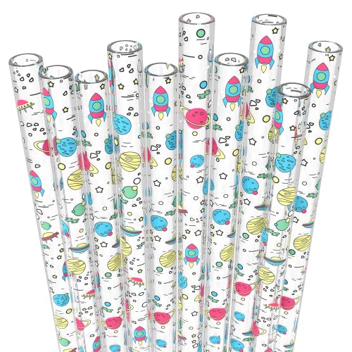 Fiesta First 10 Short Reusable Transparent Hard Plastic Drinking Straws, Space Planets Print Design + Sturdy Cleaning Brush - For Kids, Small Cups - Bpa Pfoa Free Medium Width/Short 6 1/4In /10 Count #TOP6