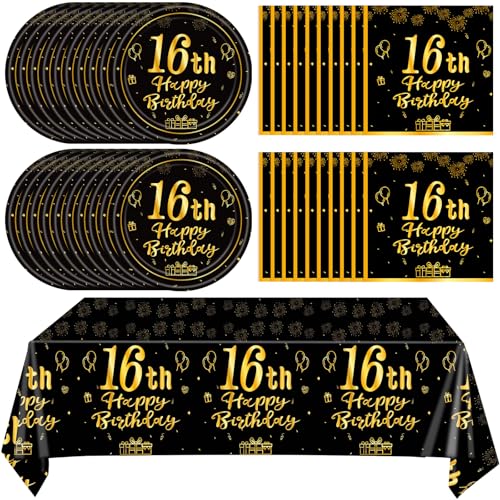 Décoration 16e anniversaire noir et or | Kit vaisselle de fête pour 16 personnes - 41 pièces