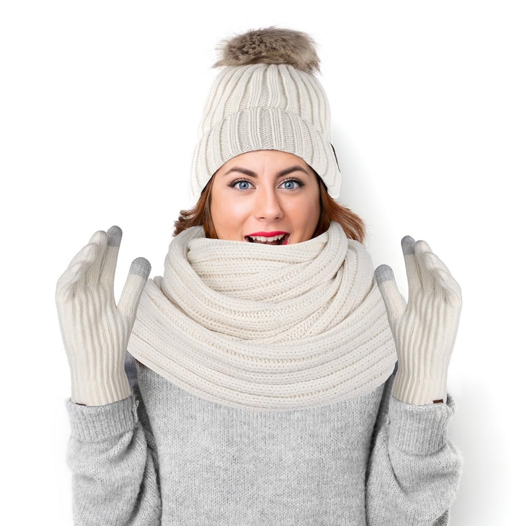 Gorro de invierno para mujer con bufanda y guantes táctiles térmicos 6