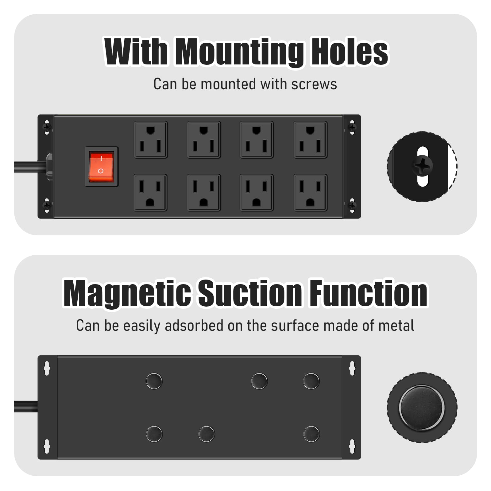 HHSOET Metal Magnetic Power Strip, 8 Outlet Mountable Socket, Wall Mount Heavy Duty Surge Protector, Catering for Your Every Need, Gaming Table Outlet with 6 FT Power Cord.(Black)