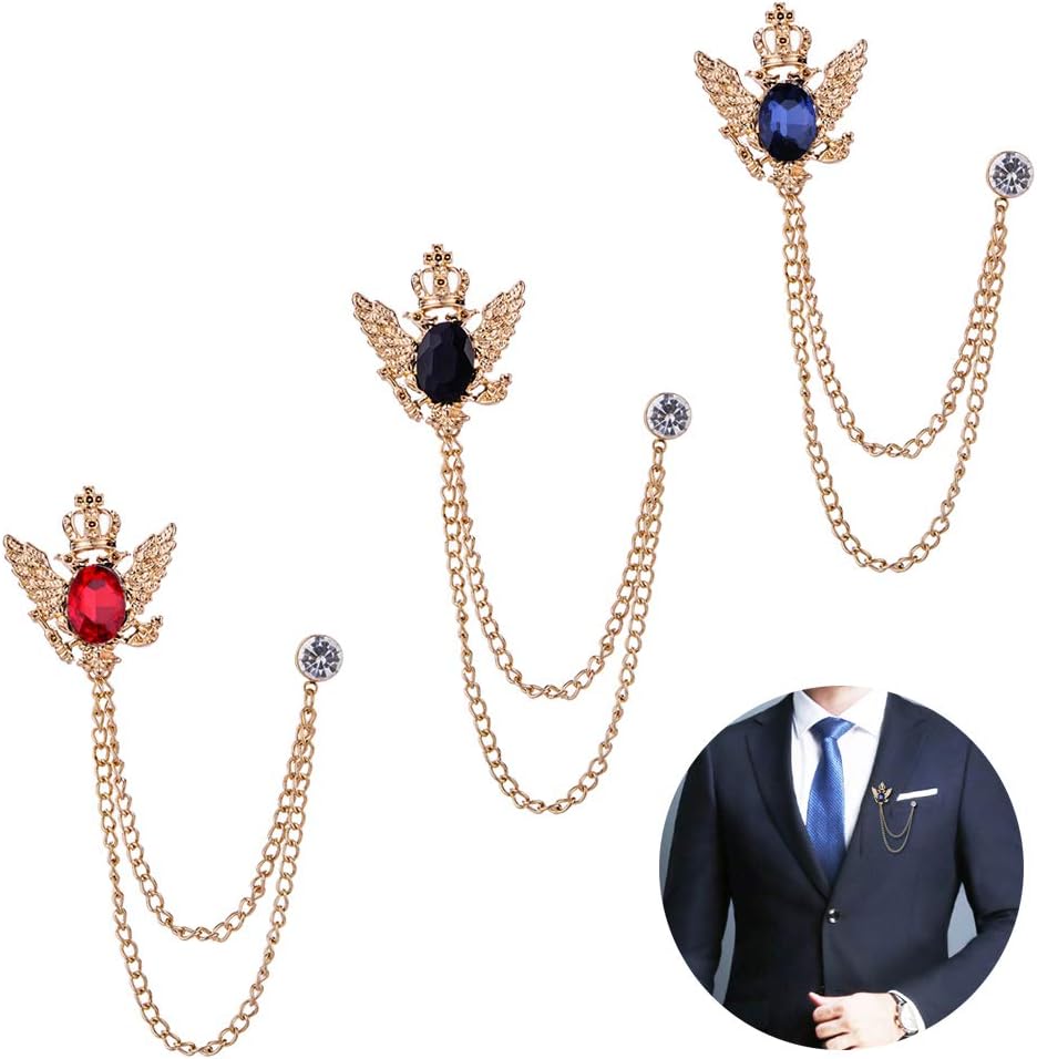 Huture 3PCS Men's Brooch Suit Pin Badge with Chains Buckle Chain Collar Lapel for Men Shirt Decoration Metal Clips Women Tuxedo Tie Hat Scarf