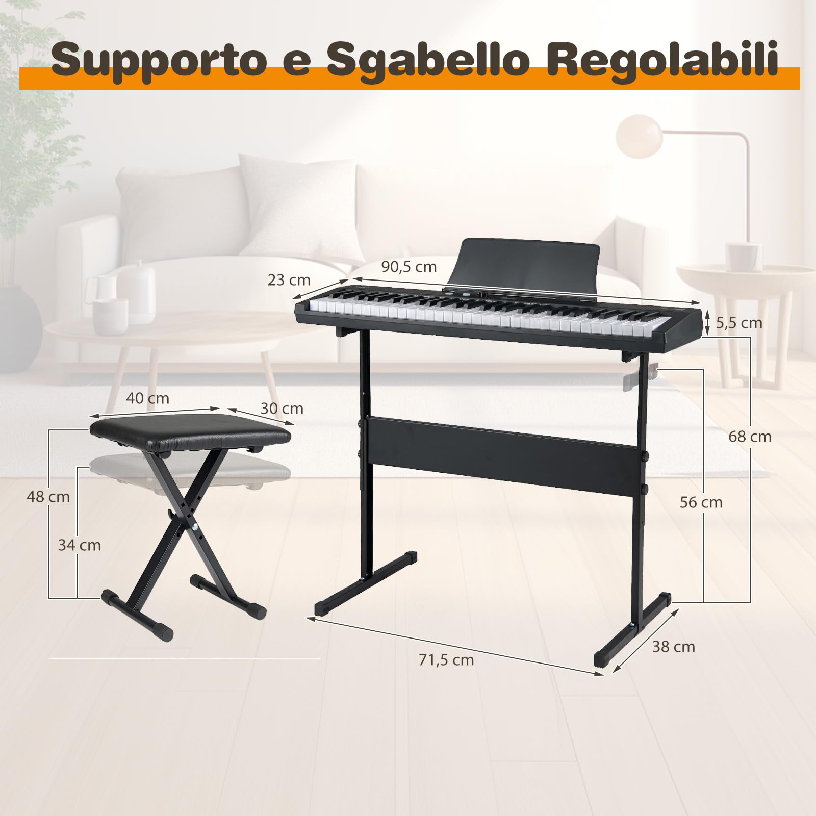 COSTWAY Tastiera Pianoforte a 61 Tasti, Set Pianoforte Elettrica con Supporto e Sgabello Regolabili, 128 Ritmi & 128 Toni e 80 Demo, Strumento Musicale per Bambini, Adolescenti e Adulti