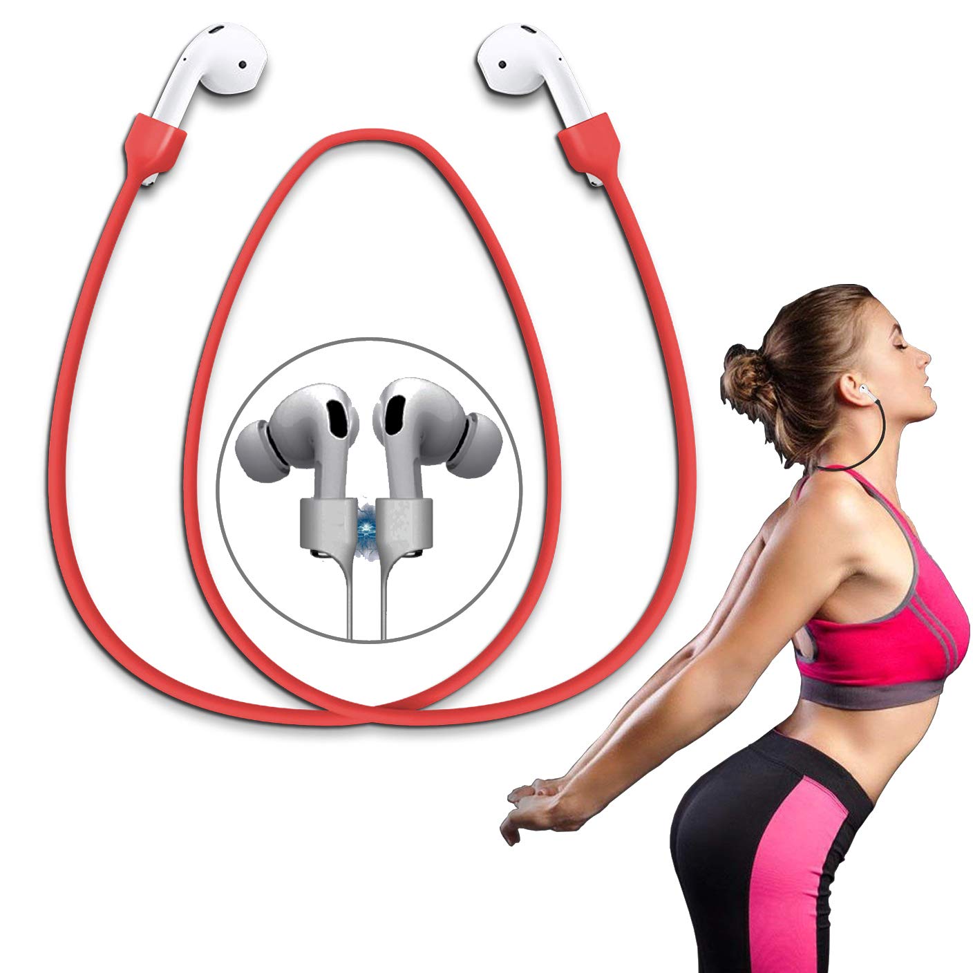 MEOWAV 2-Pack Strong-Magnetic Strap for Apple AirPods/Pro Anti-Lost Cord Sports Lanyard Silicone Neck Rope (Red)