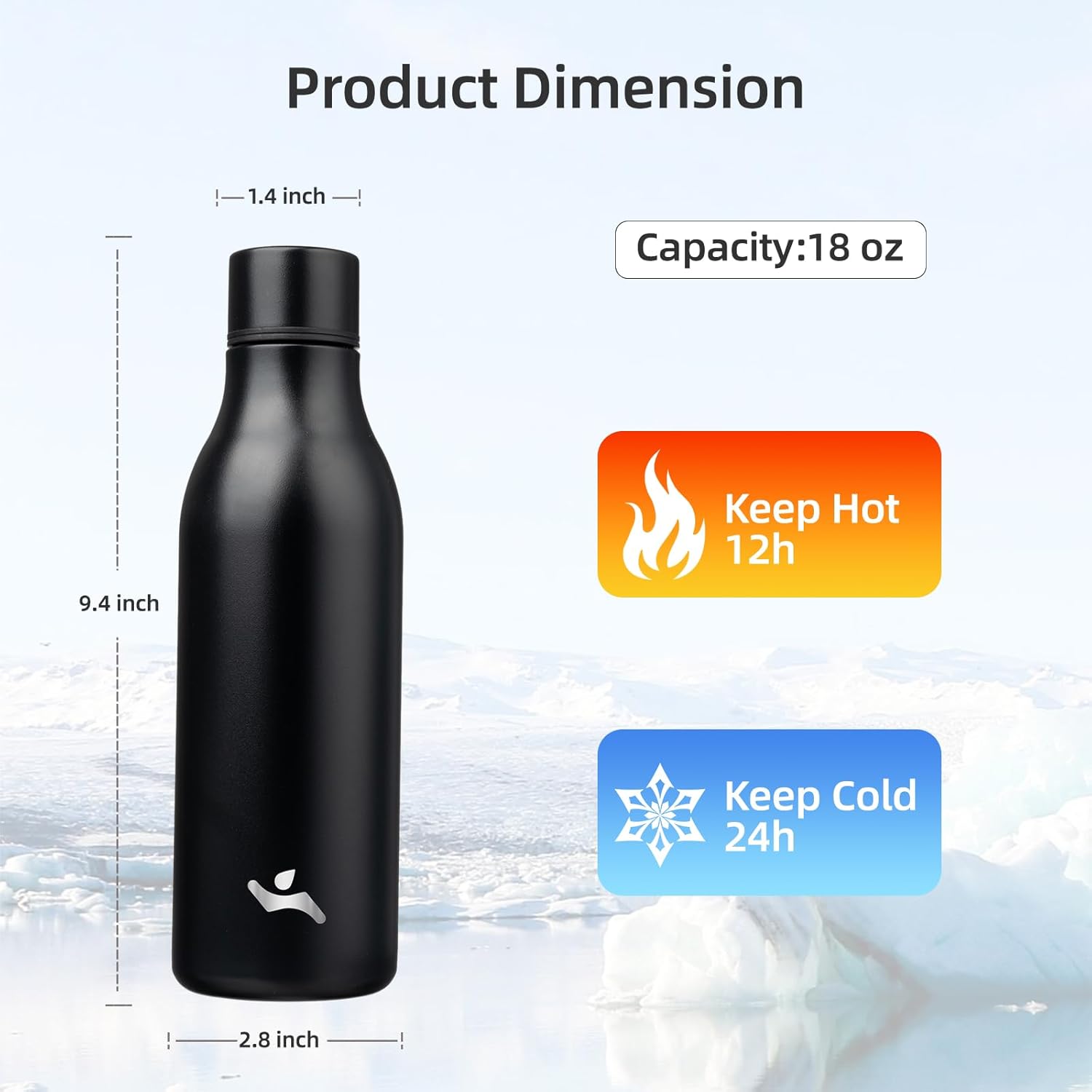 Insulated Water Bottle with Strap,18 oz Double Wall Stainless Steel Vacuum Bottles Metal Water Flask,Black - Image 2