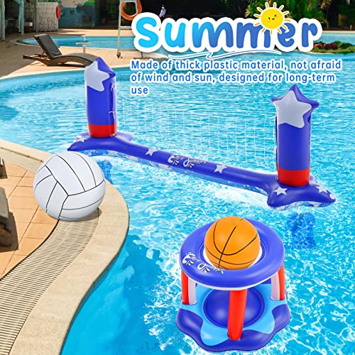 Thinkmax Large Pool Volleyball Set Pool Volleyball Net & Pool Basketball Hoops With 2 Beach Balls, Pool Games For Family And Adults, American Flag Pool Floating Court(116''X46'') & Hoop(31''X24'') #TOP6