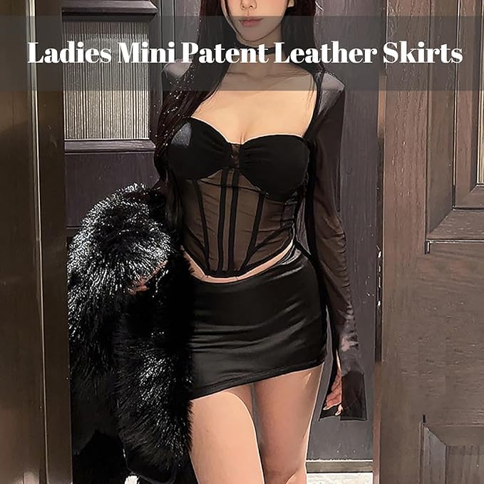 Ladies Mini Patent Leather Skirts, Sexy Short A-line Skirts, Sex Leather Skirts Party & Club Costumes Black - Image 5