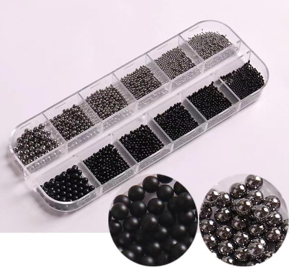 12 Grids Art Charms Metal Beads 3D Caviar Small Steel Ball Nail Accessories Nail Art Metal Mini 3D Mixed Sizes DIY ons Accessories (Black and Gold