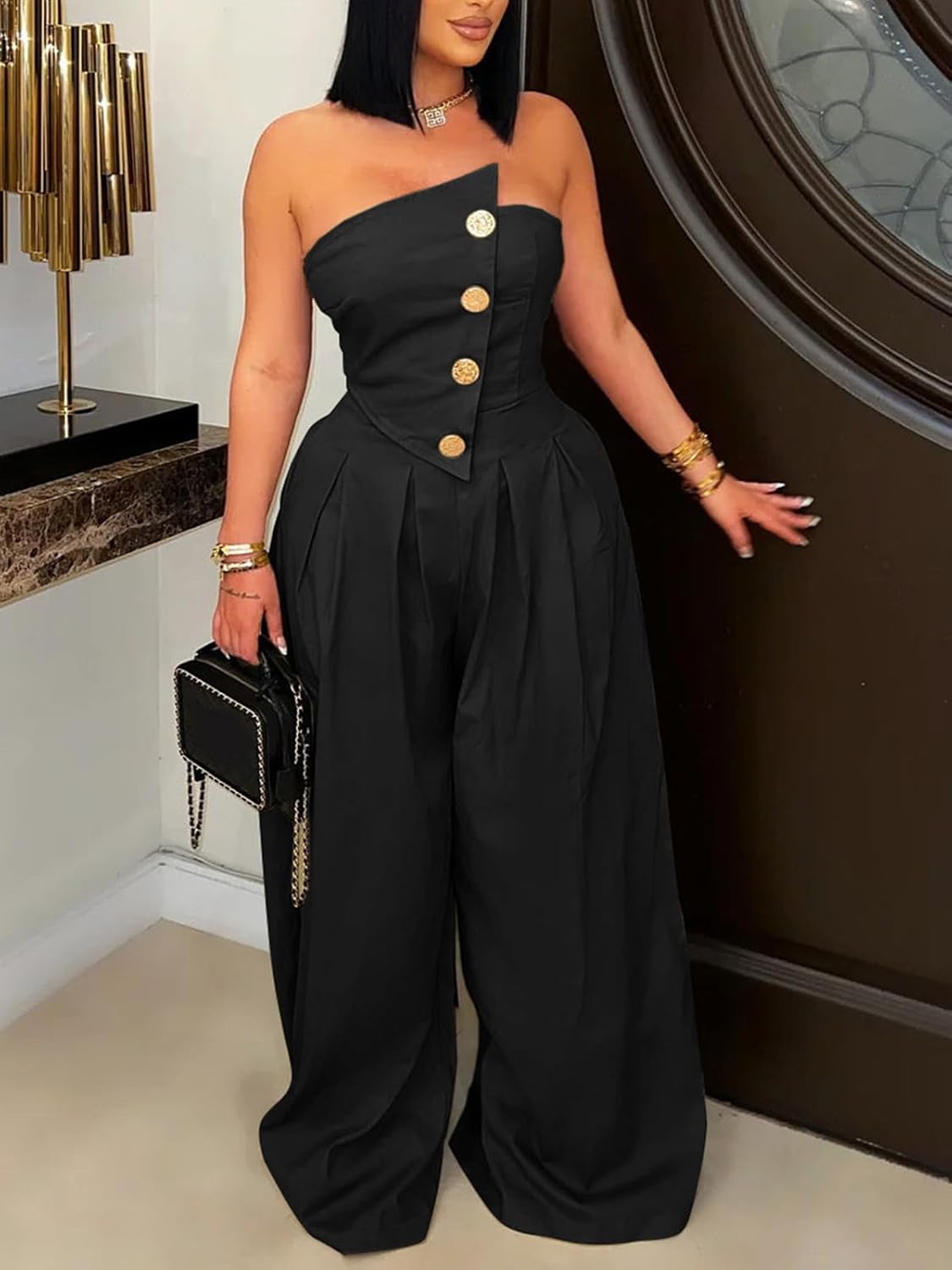 NRTHYE Women Sexy Strapless Wide Leg Jumpsuits Summer Loose Casual Button Tube Top Dressy One Piece Romper - Image 2