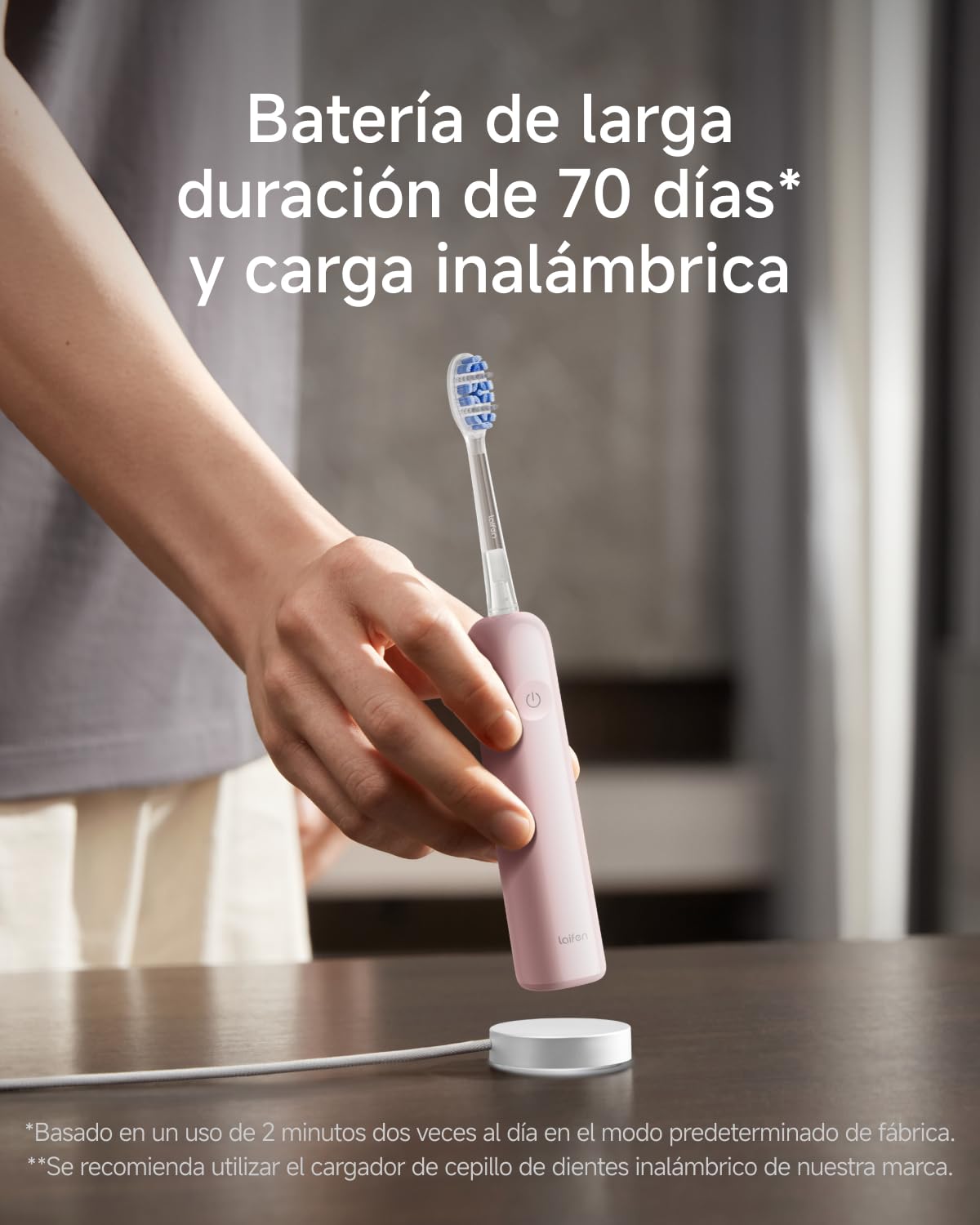 Laifen Wave Pro Cepillo de Dientes Eléctrico Sónico con Tecnología WaveMotion de 60° y 66.000 VPM, 70 Días de Autonomía, Sensor de Presión, Carga Inalámbrica, 2 Cabezales Pro Incluidos (Rosa Pastel)