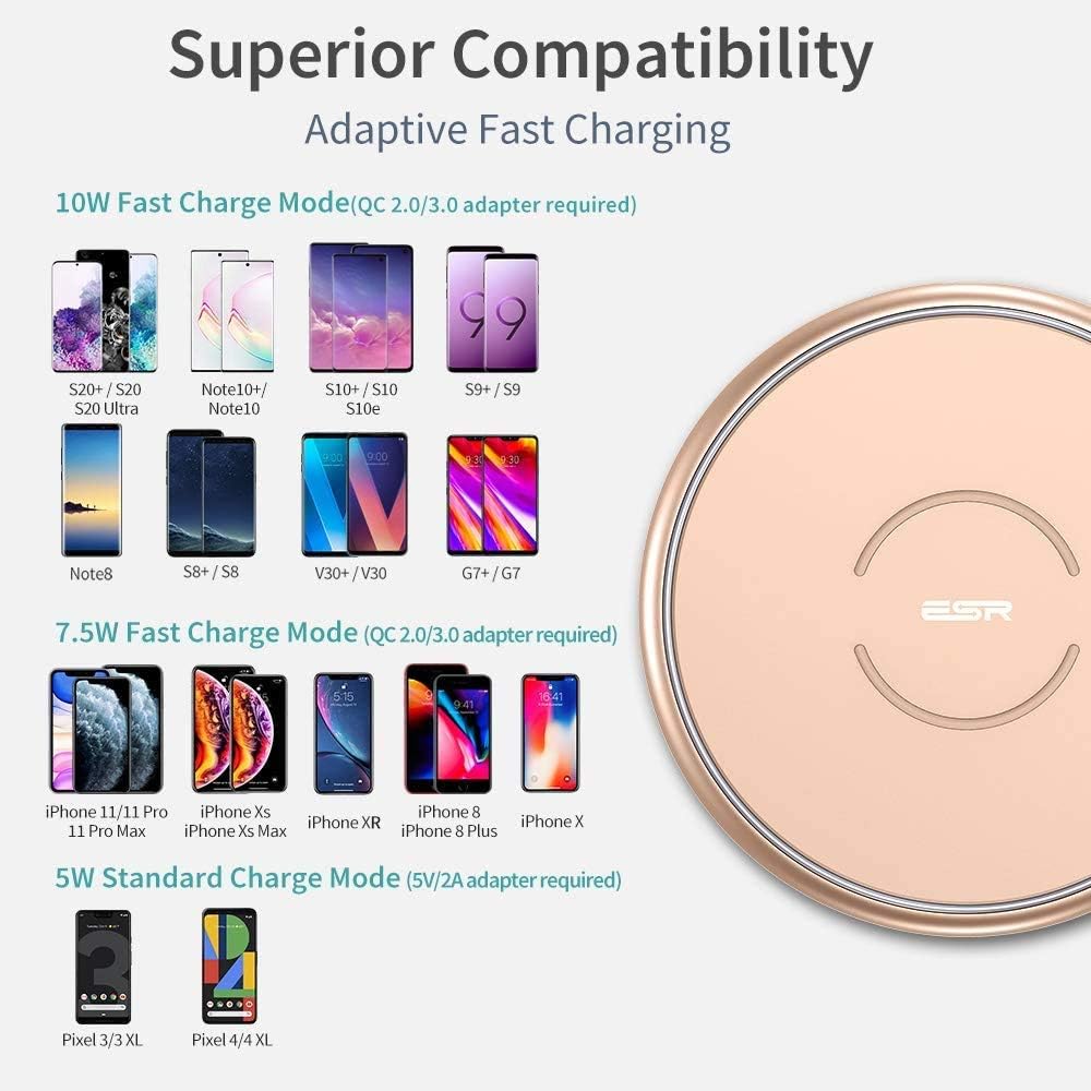 ESR Wireless Charger, Metal Frame Ultra-Thin Fast Charging Pad, 7.5W Compatible iPhone 11/11 Pro/11 Pro Max, 10W Fast Charging Galaxy S20/S20+/S20 Ultra/Note10, Pixel 3/4(No AC Adapter), Rose Gold