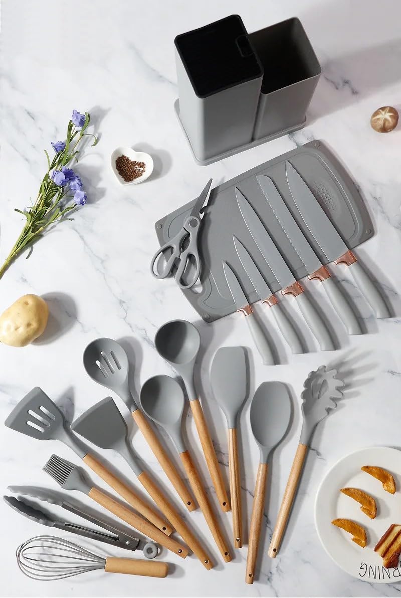 Set di utensili da cucina in silicone con set di coltelli con blocco - set di spatole - set di cottura - set di utensili da cucina in acciaio inox con supporto - set di utensili da cucina -