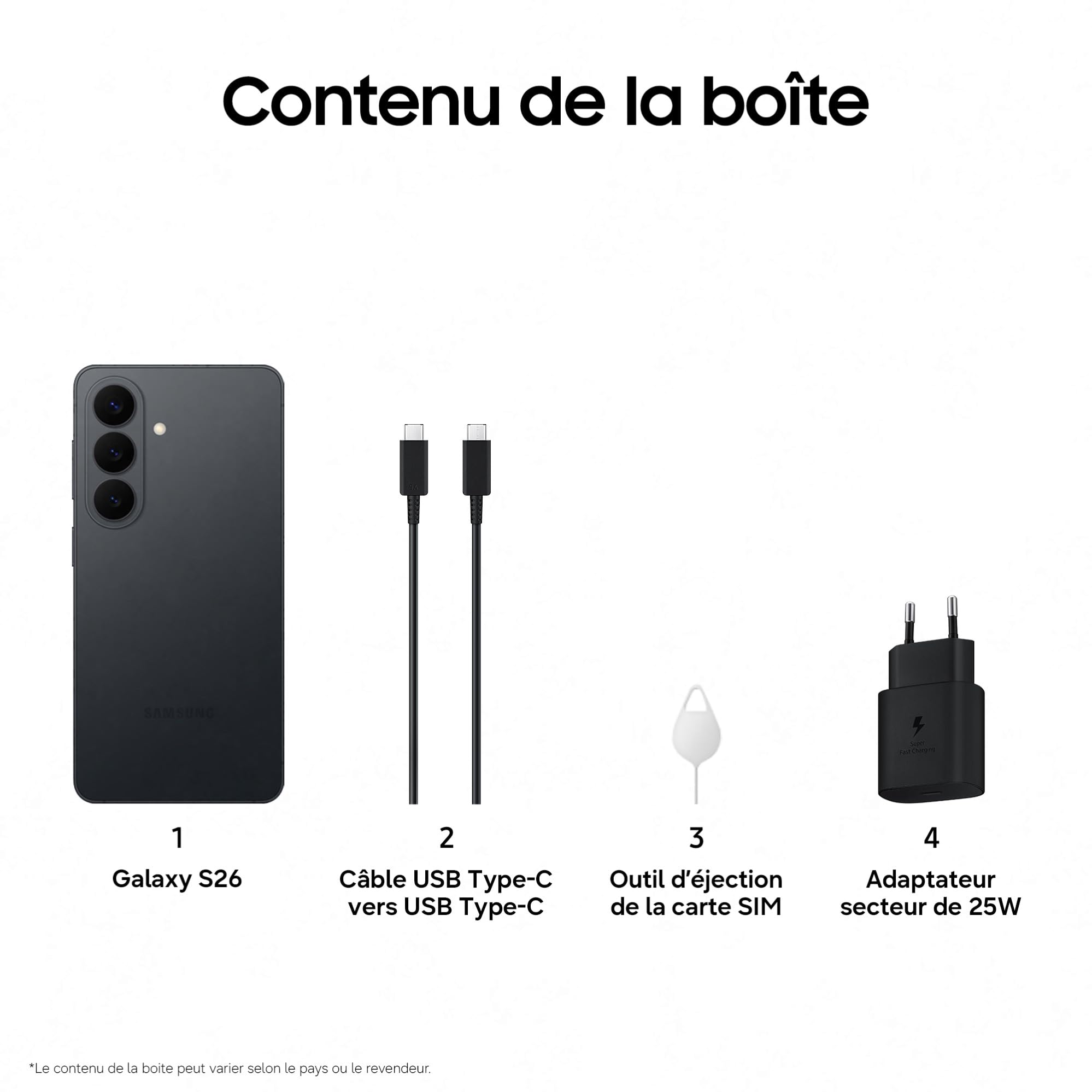 Samsung Galaxy S26, Smartphone Android 5G avec Galaxy AI, 256 Go, Chargeur Secteur Rapide 25W Inclus, Smartphone déverrouillé, Noir, Version FR
