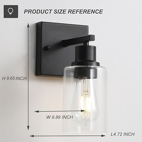 Miniatura 2 de Juego de 2 apliques de pared para pasillo, luces de pared modernas de granja para baño, color negro mate, con pantalla de cristal, luces de pared de
