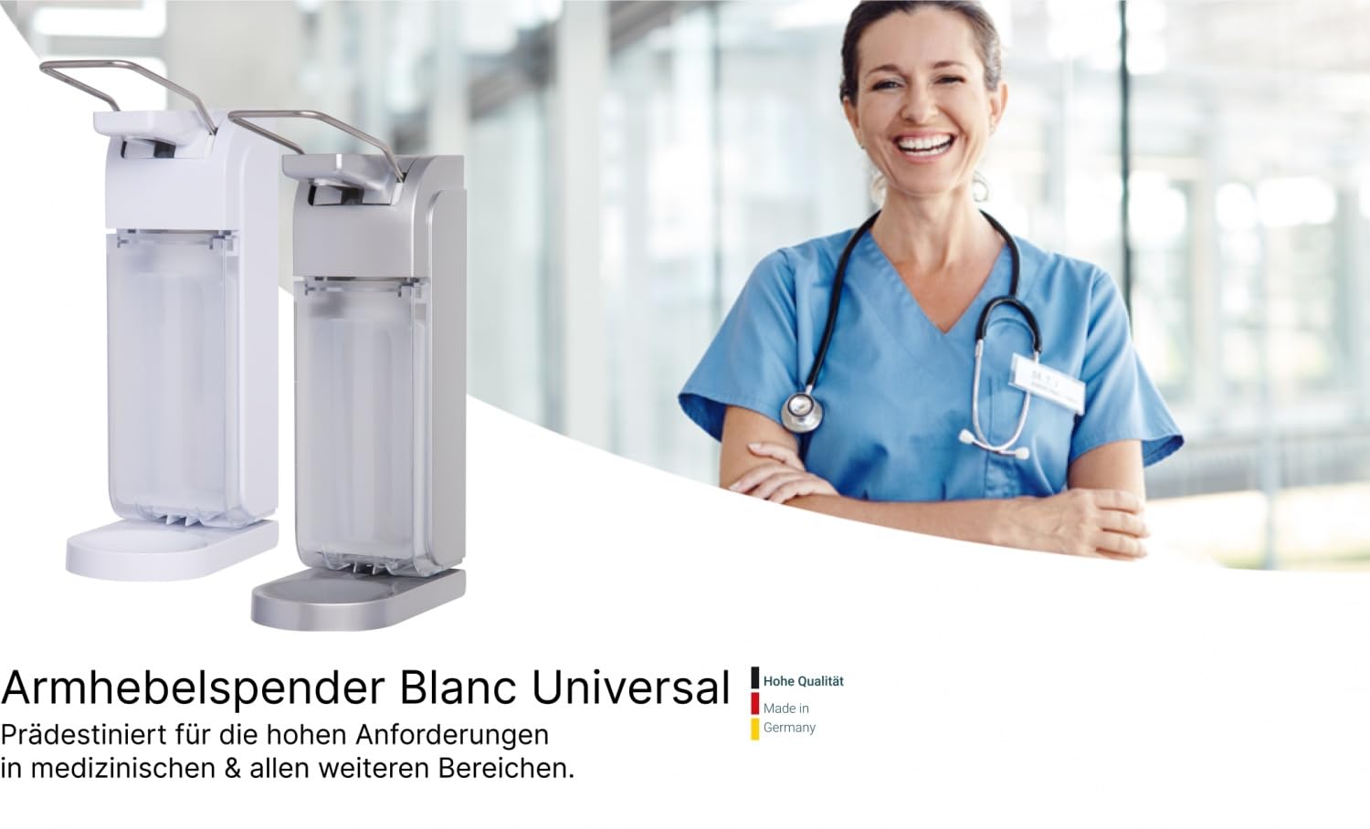 Universal Armhebelspender Desinfektion 1 Liter Weiß | Dosierung 0,6–2,0 ml, 1-Liter-Flasche inkl., Tropfschale & Made in Germany