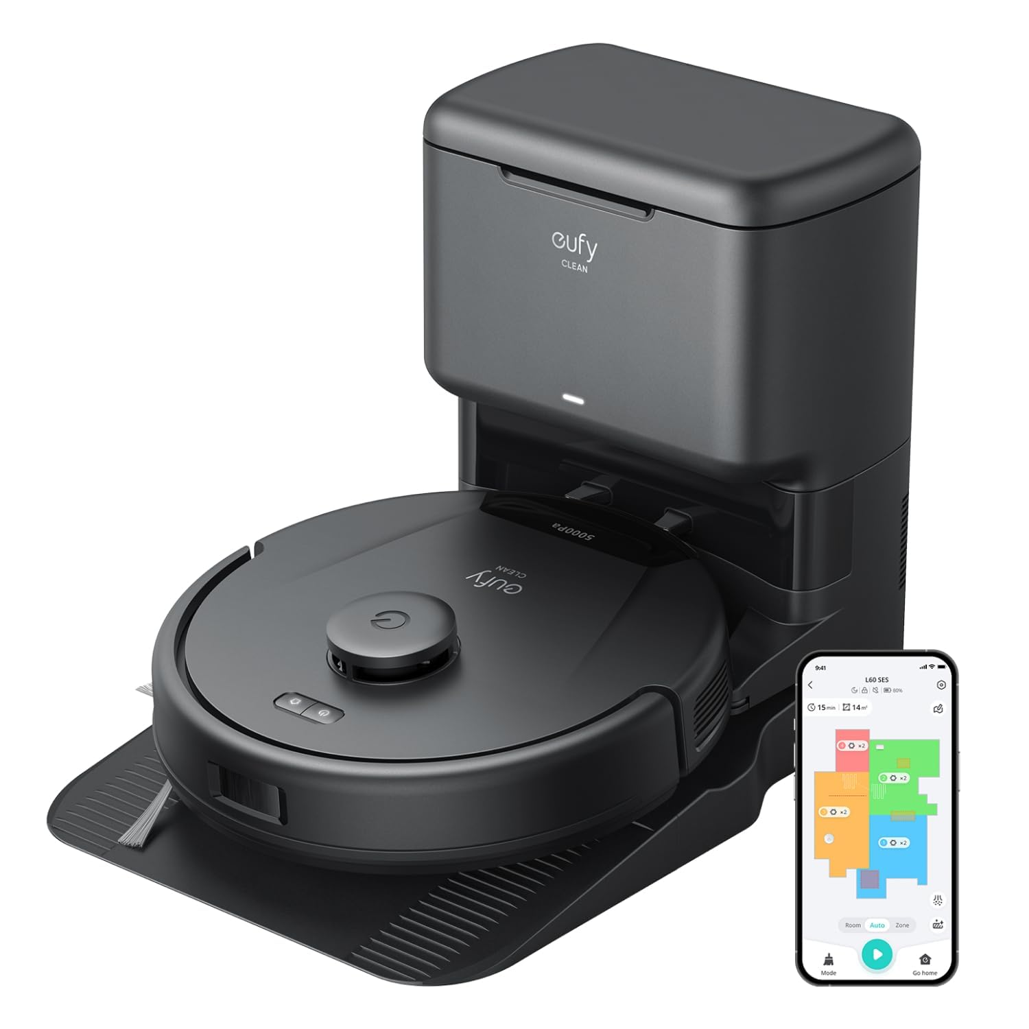 eufy Clean L60 robot odkurzający ze stacją ssącą, bardzo duża siła ssąca 5000 Pa, zapobiega plątaniu się włosów, stacja odsysająca 60 dni bez opróżniania, nawigacja laserowa iPath(odnowiona)