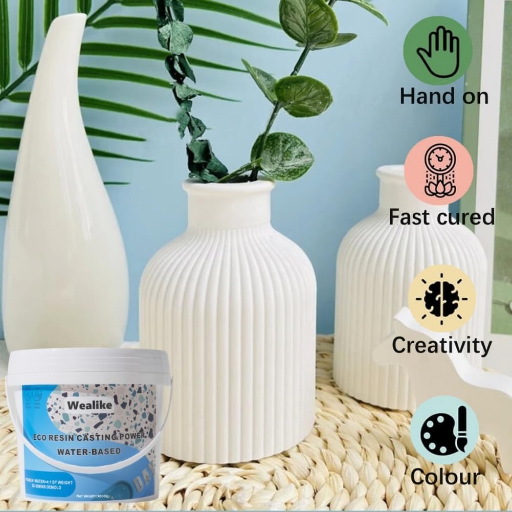Eco Resin Casting Powder 6.6lbs/3000G,Water-Based Ceramic Resin Plaster with 6PCS Pigments,20-30 Minutes Demold.Easy Mix for Home Decor &DIY Art