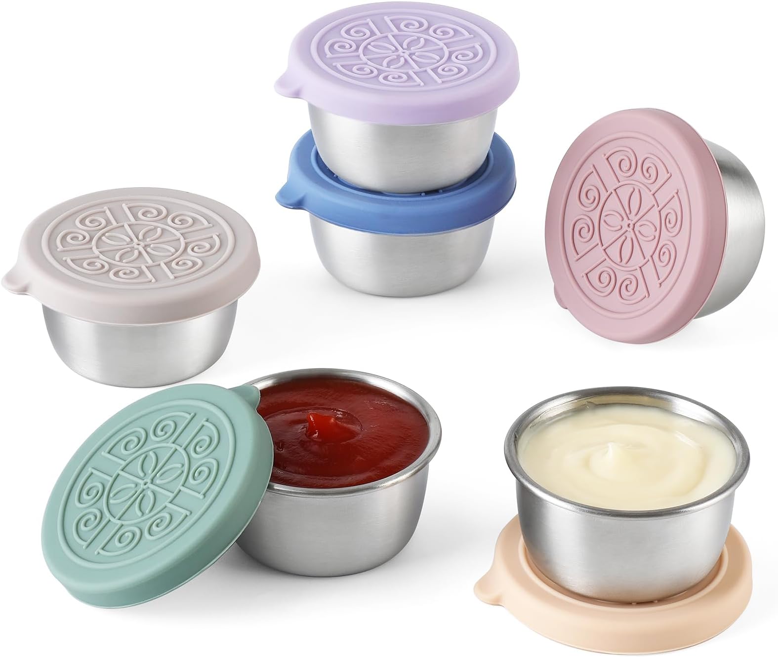 [6 Pack] Salad Dressing Container To Go, 1.6 oz Small Condiment Containers with Lids, Reusable Stainless Steel Sauce Cups , Leakproof Silicone Lids for Lunch Bento Box, Picnic and Travel