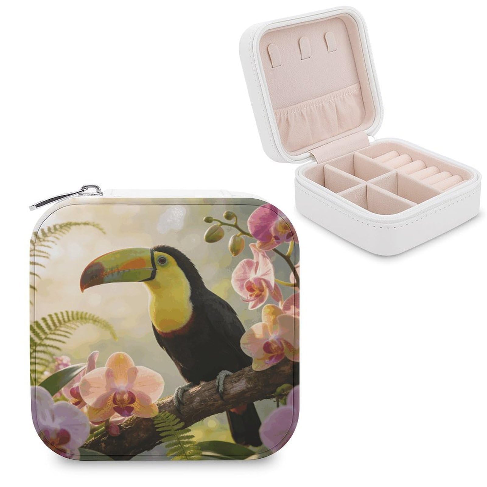 VstaDank The Morning Song of The Toucan And The Orchid Jewelry Box Beautiful Portable Ring Boxes Cute Large-Capacity Jewelry Case Jewelry Organizer for Mothers Gifts for Earrings Rings Hand Bracelet