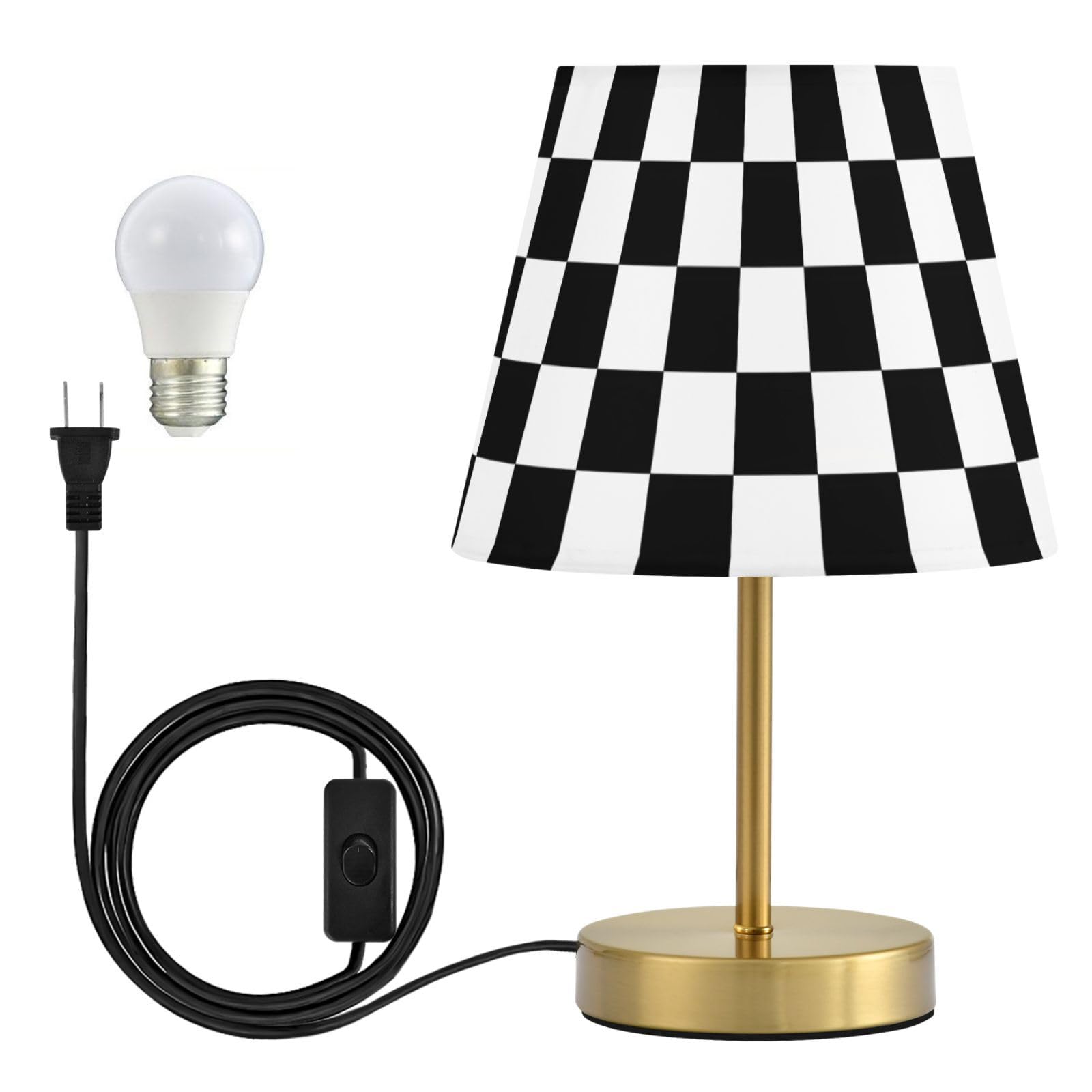 ALAZA Tischlampe für Schlafzimmer Nachttisch Schwarz Weiß Kariert Nachttischlampe mit USB-Anschluss Stoffschirm Dimmbar Schreibtischlampen Bronze Metallsockel Wohnzimmer
