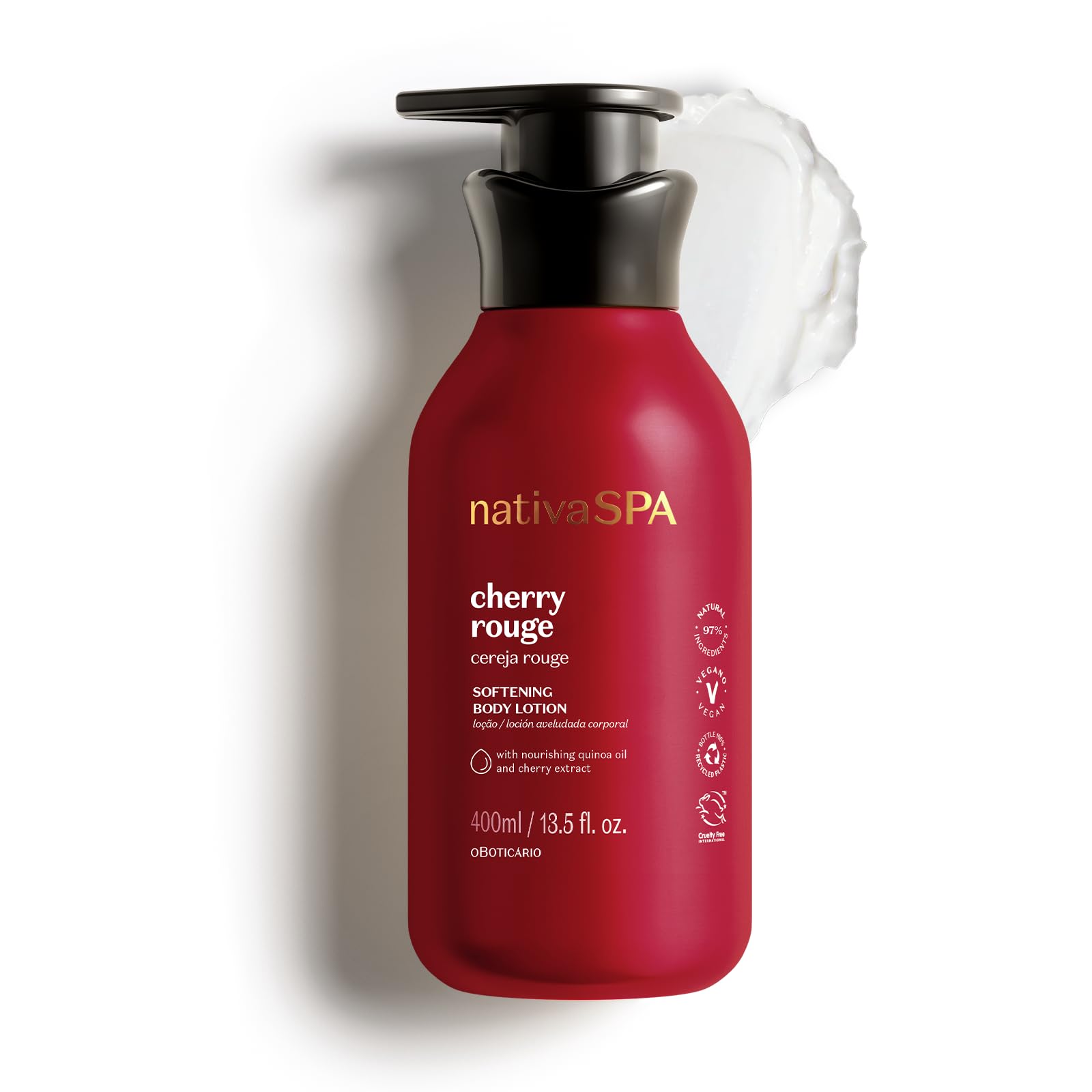 O Boticário Nativa SPA Cereza Rouge Loción Corporal para Mujer, Crema Hidratante Perfumada con Gotas de Quinoa y Extracto de Cereza, Hidratación Profunda para Piel Seca, 400 ml