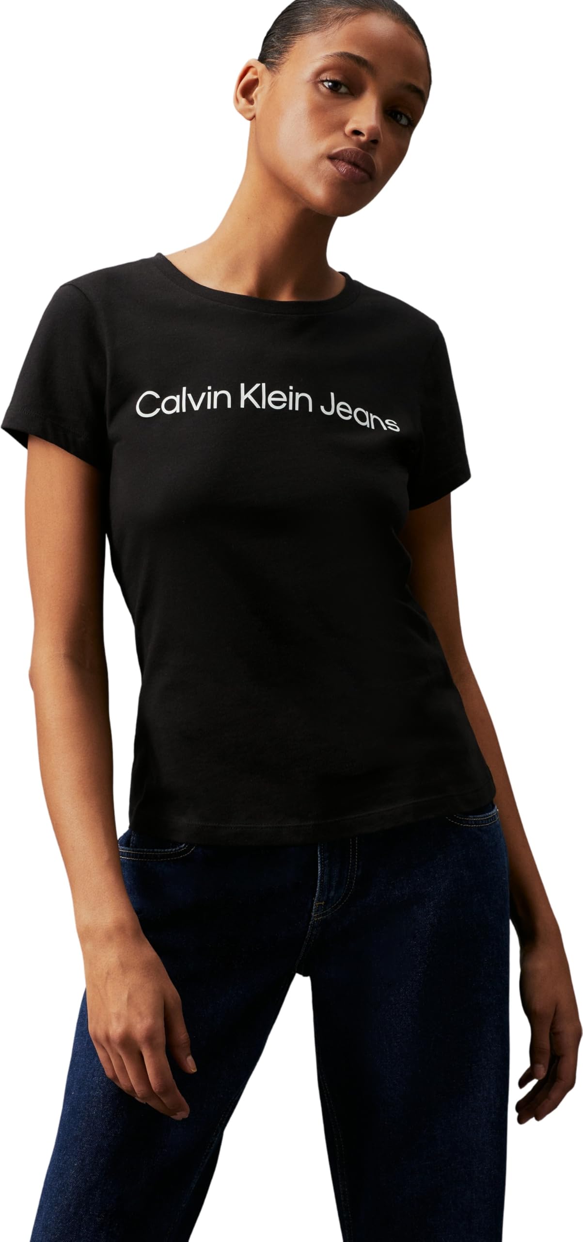 Calvin Klein Donna T-Shirt Maniche Corte Core Logo Slim Fit Tee Scollo Rotondo