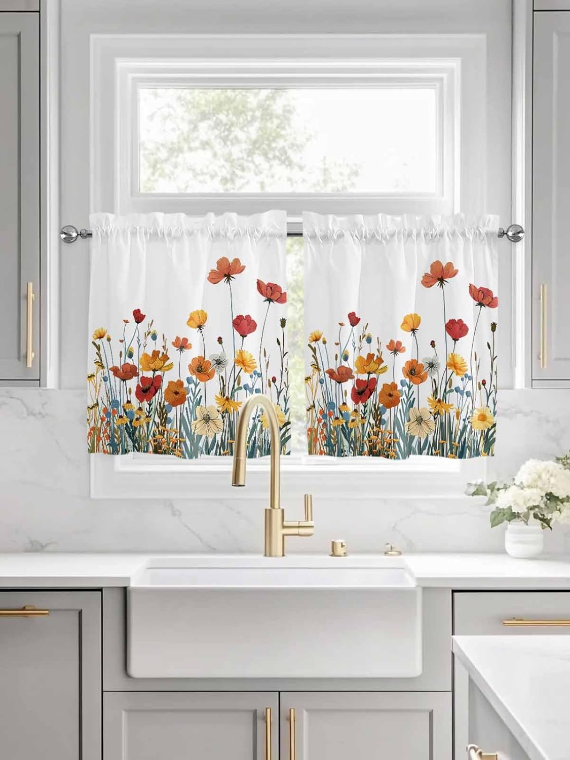 Half Window Curtains 24 Inches Long, Red Yellow Orange Poppy Window Treatment Curtain Drapes, Watercolor Botanical Floral Short Window Tiers for Laundry Room Over Sink, 27.5"x24", 2 Panels