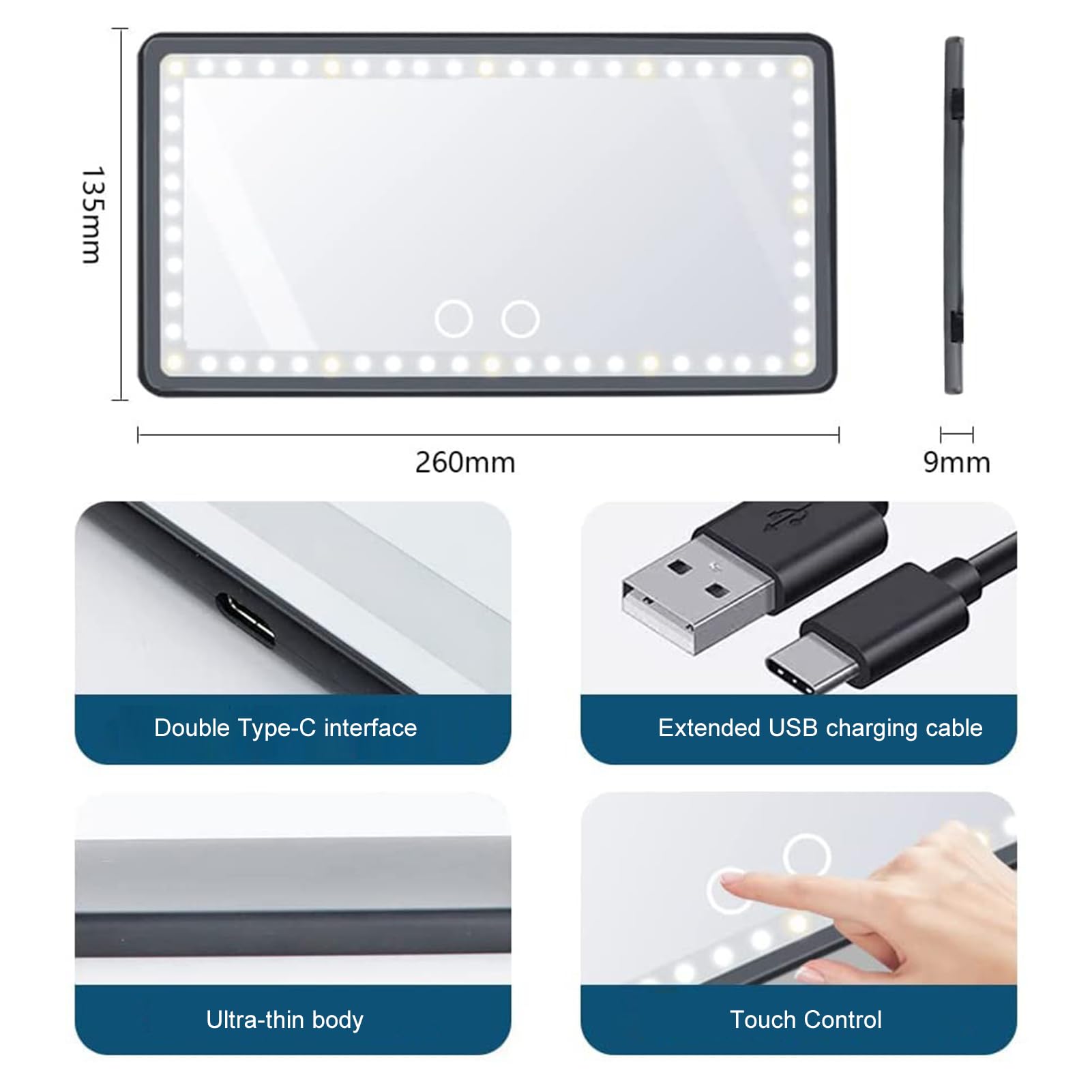 Shkalacar Samochodowe lusterko kosmetyczne, wizjer samochodowy z 3 trybami świecenia, 60 diod LED, możliwość ściemniania, podwójny ekran dotykowy, kabel USB do ładowania, uniwersalna osłona