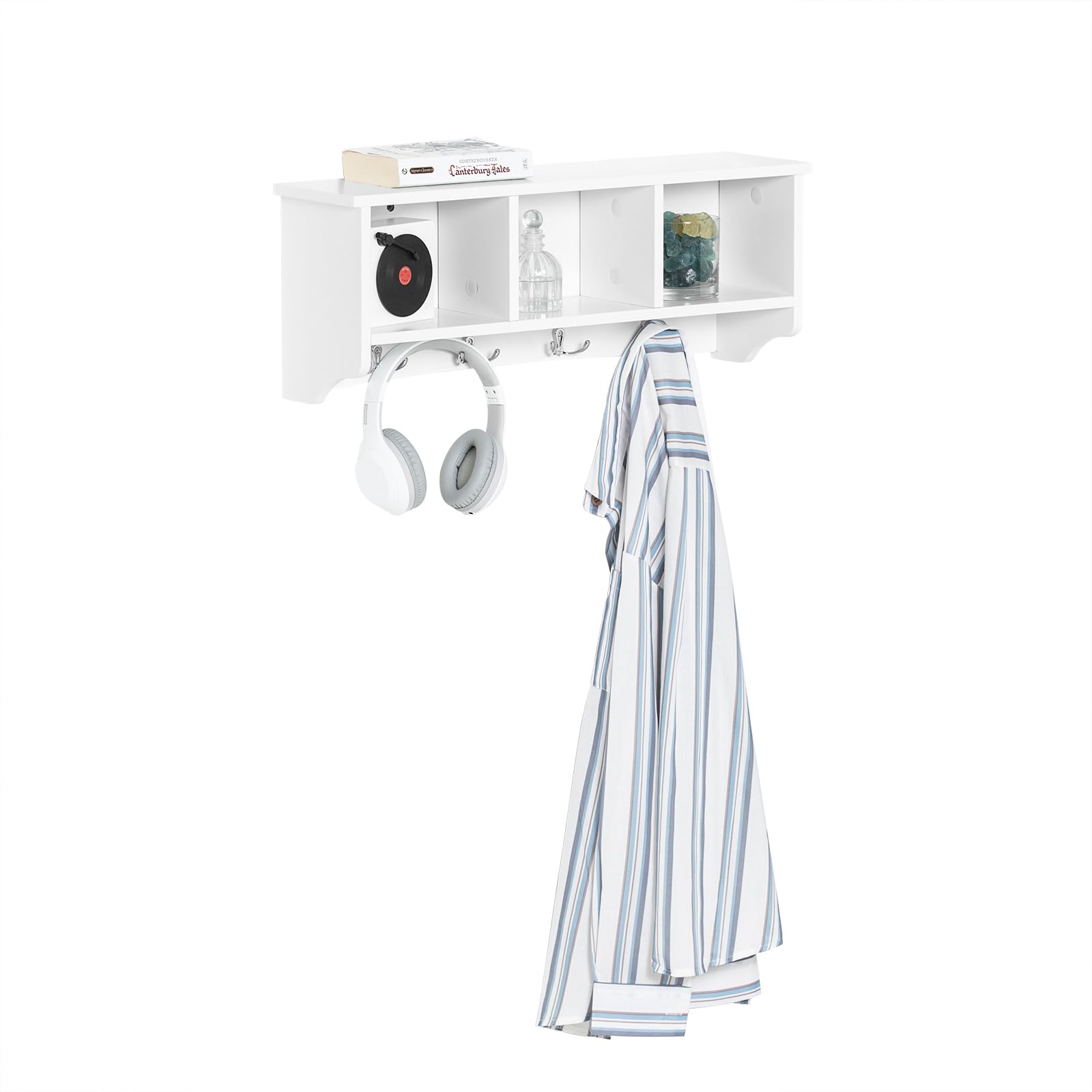 SoBuy Wall Coat Rack with 3 Cubby Shelves and 4 Hooks, Wooden Wall Mounted Hallway Storage Organiser Unit, Floating Display Shelf for Hallway, Entryway,Bedroom, White, W60 x D15 x H23cm, FRG48-W
