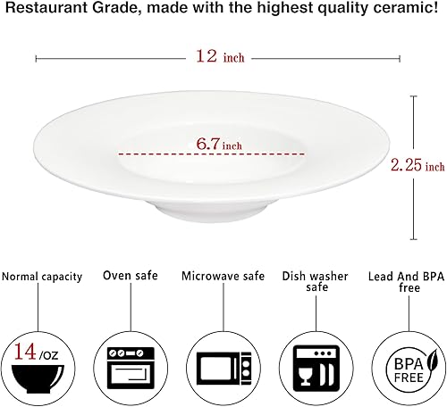 Miniatura 2 de Plato de sopa de cerámica de borde ancho, cuenco de sopa de 14 onzas, juego de 4 cuencos para pasta, platos blancos poco profundos con borde, la