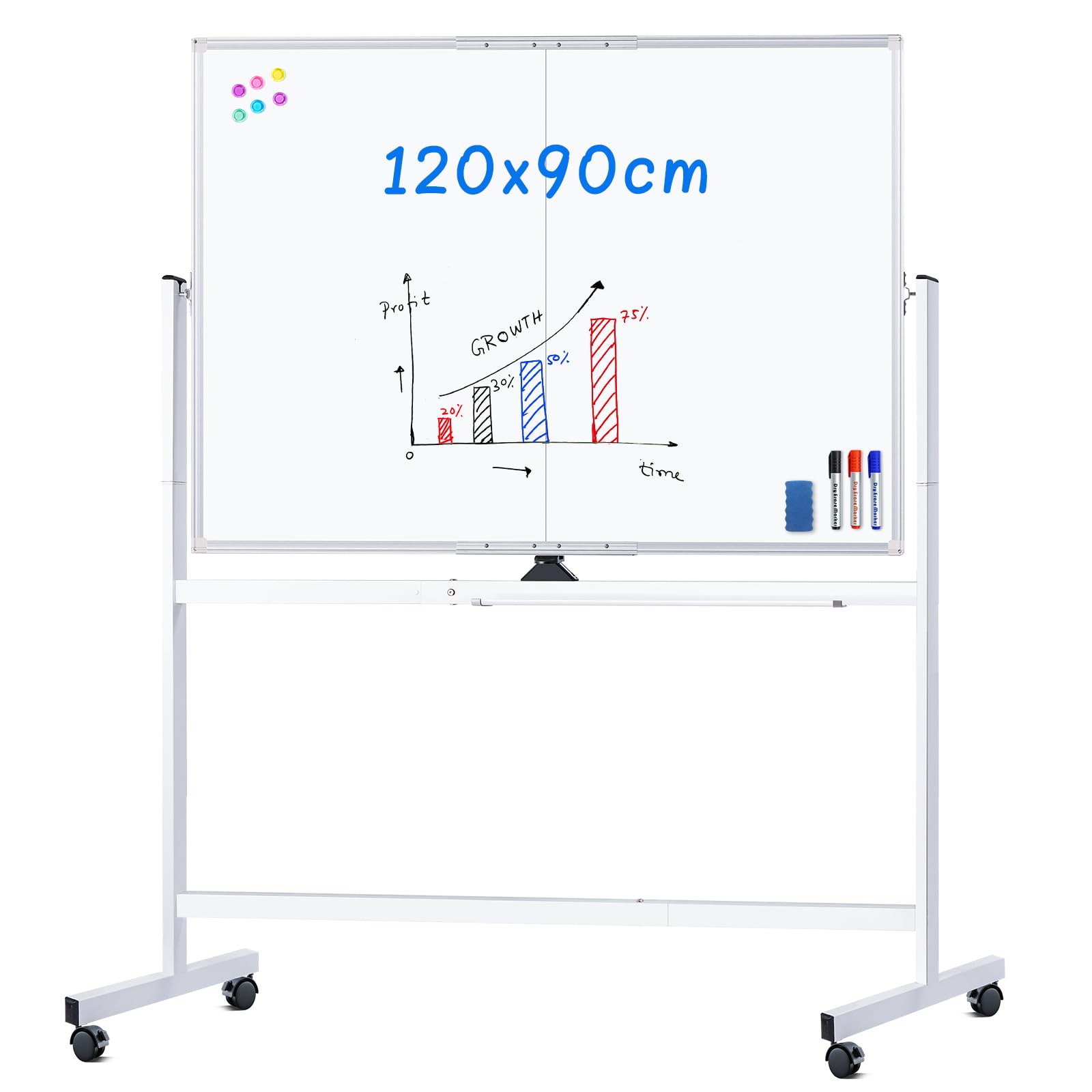 maxtek Magnetic Whiteboard with Stand, 120 x 90 cm Double Sided Large White Board, Whiteboard on Wheels Aluminium Frame for Office, Home, School