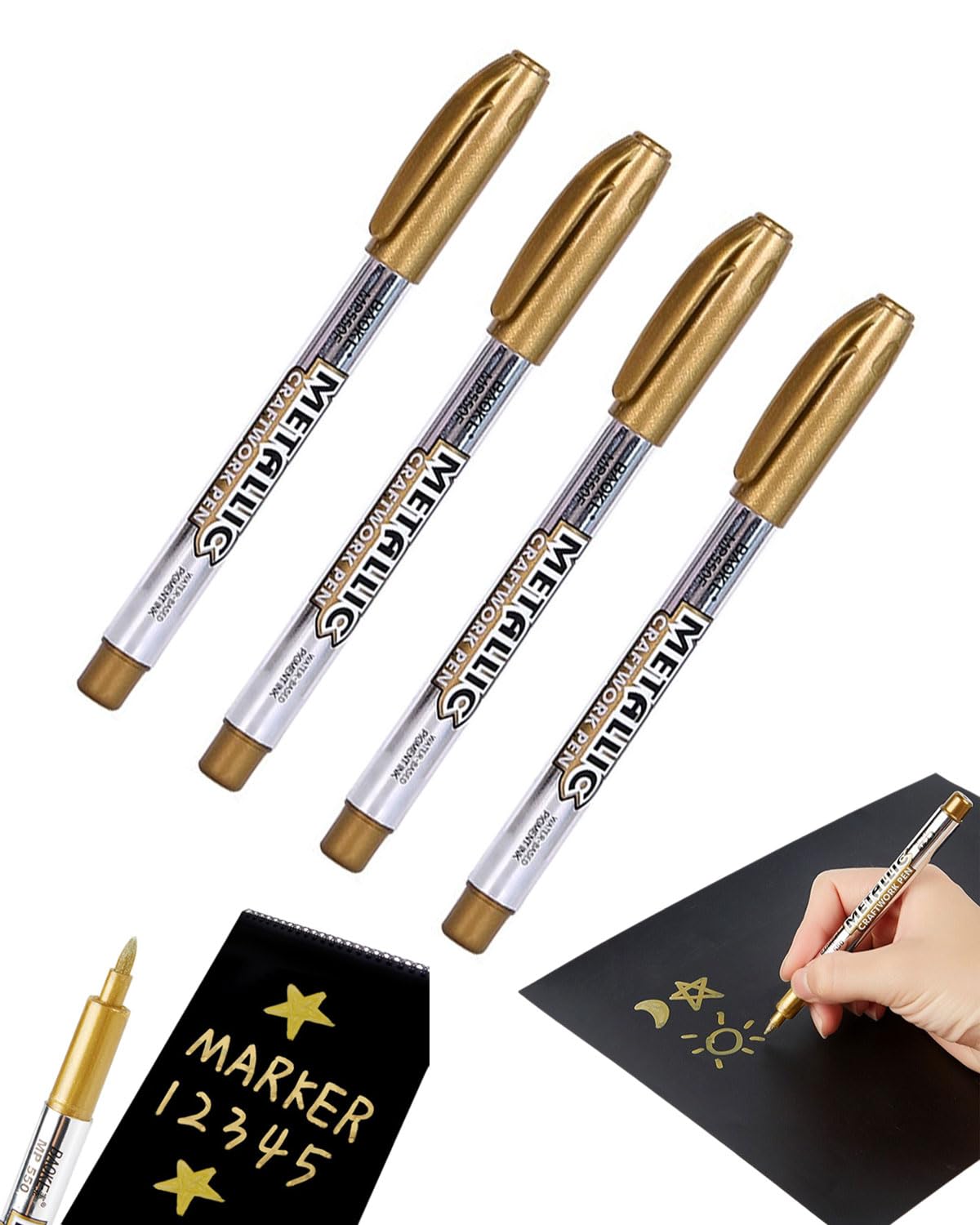 BPTRKOM 4 marcadores metálicos: marcadores dorados, resistentes a la decoloración, brillantes, marcadores acrílicos para dibujo en lienzo, papel, madera, marcadores acrílicos para cuencos