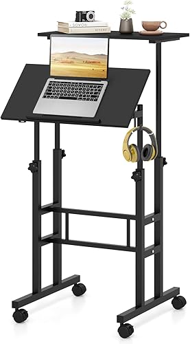 Giantex Escritorio móvil de pie, altura ajustable con ruedas y mesa inclinable, estación de trabajo para computadora de oficina en casa, escritorio