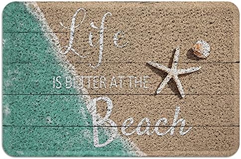 PVC Doormat Entrance Rugs Heavy Duty Welcome Mats, Life Is Better at The Beach on The Wood Outdoor Indoor Mats Non Slip Rubber Backing for Front Door/Yard/Garage/Garden, 24"x 35" Retro Wooden Stripes