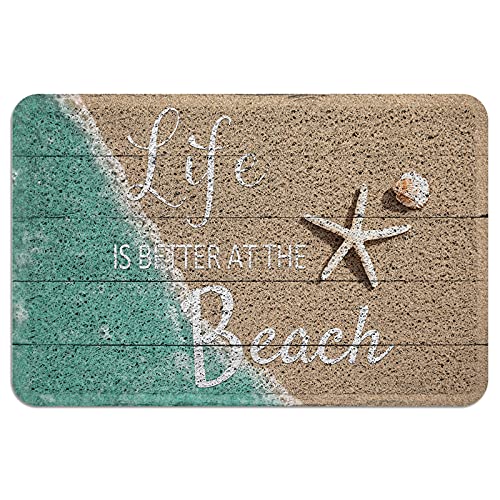 Pvc Doormat Entrance Rugs Heavy Duty Welcome Mats, Life Is Better At The Beach On The Wood Outdoor Indoor Mats Non Slip Rubber Backing For Front Door/Yard/Garage/Garden, 24"X 35" Retro Wooden Stripes #TOP28