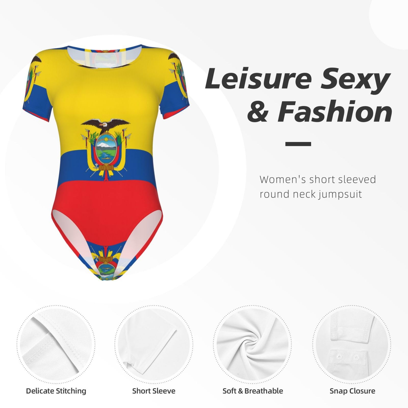 Body de manga corta con estampado de bandera de Ecuador para mujer, ropa transpirable para primavera y verano