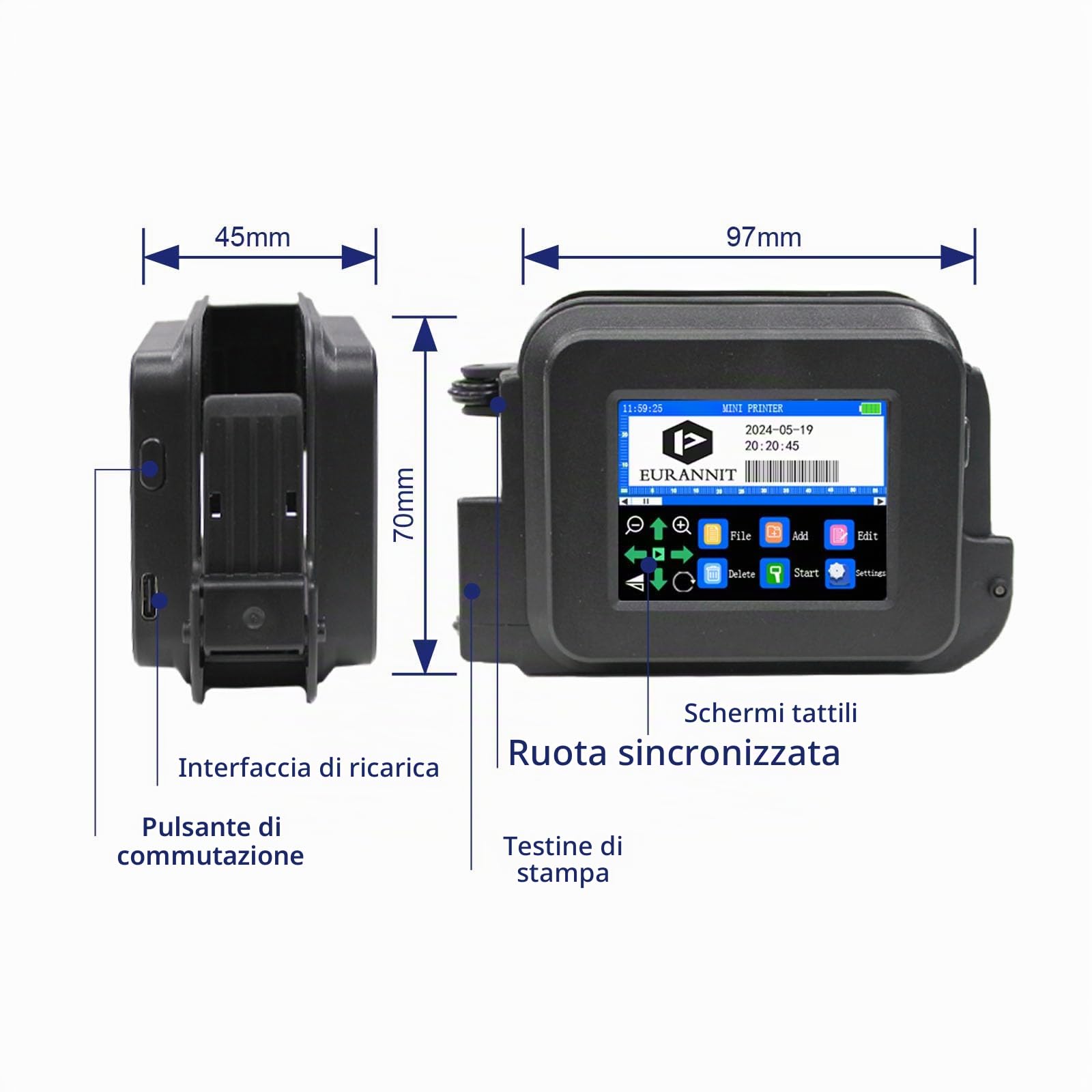 Stampante Palmare Portatile XMINI 12,7 mm, Mini stampante a Getto d'inchiostro per Codifica di Testi, Codici QR, Numeri di Lotto, Loghi, Date - Inchiostro ad Asciugatura Rapida 42 ml