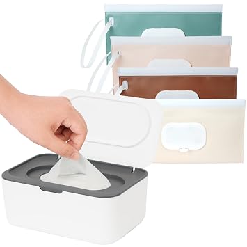 Wipes Dispenser with 4 Pack Portable Baby Wipe Case, Wipe Holder for Baby & Adult, Seposeve Refillable Wipe Container, Keeps Wipes Fresh, Easy Open/Close Wipes Pouch Case, Grey + 4 PureColor