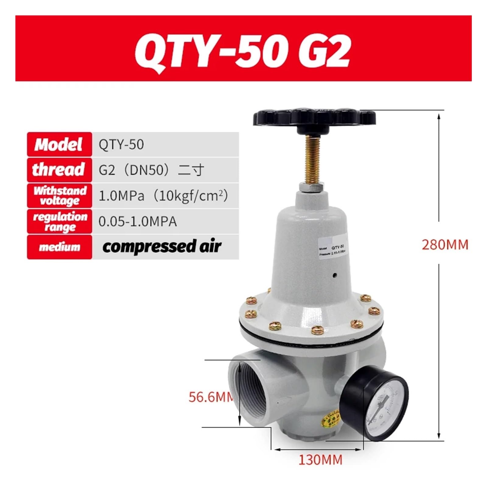 Régulateur d'air pneumatique haute pression à grand débit de 0 à 40 bars avec port de manomètre 1/4, 3/8, 1/2, 2 pouces BSP 1/2" QTYH-08 10 15(QTY-50)