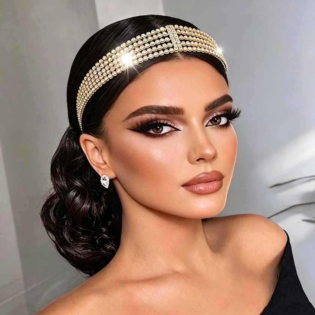 Gold Bridal Head Chain for Women Crystal Headpiece Elastic Layered Wedding Flapper Forehead Jewelry