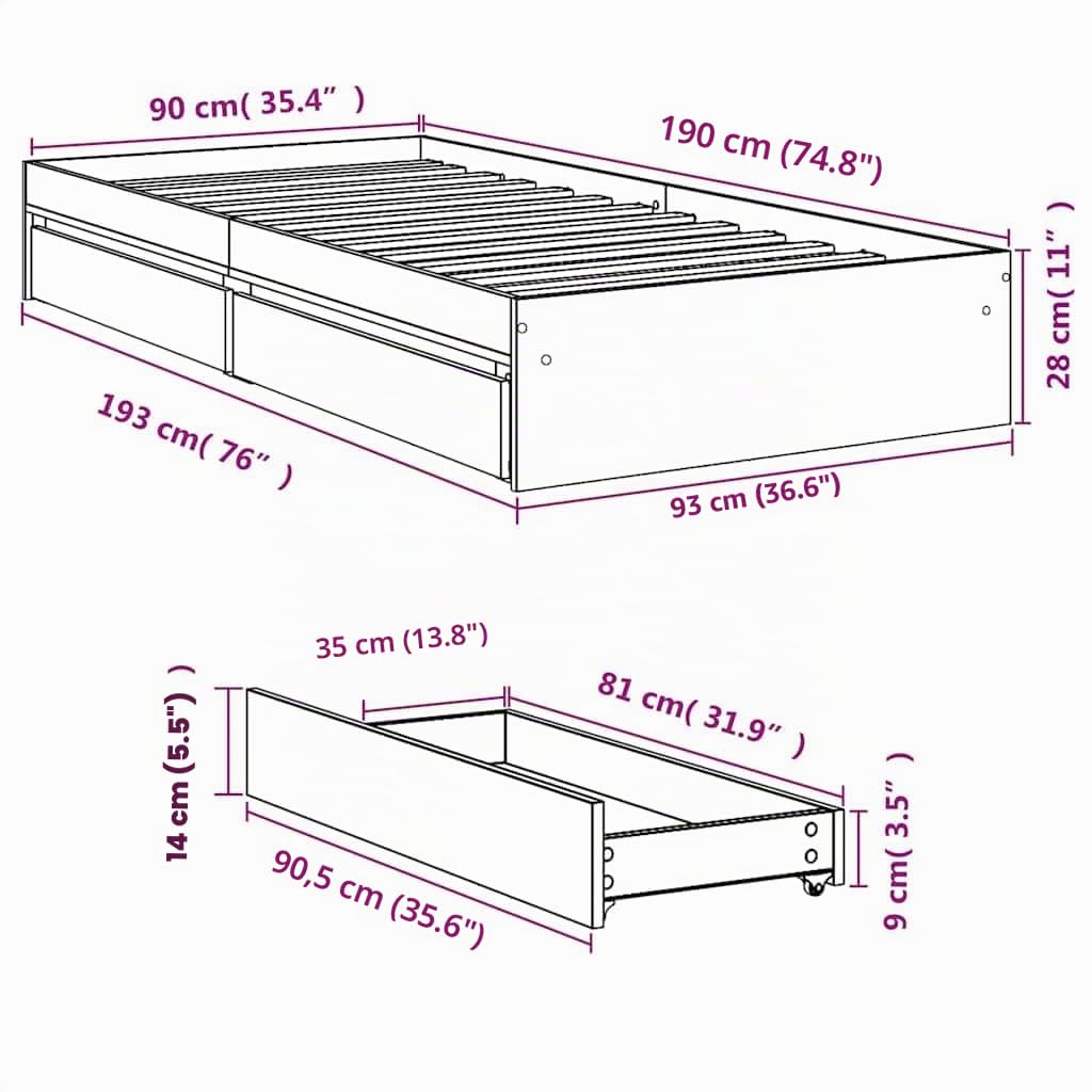 vidaXL Cama con cajones Madera de ingeniería Gris Sonoma 90x190 cm