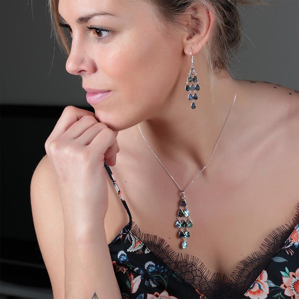 Aden Pendentif Collier Femme Argent 925 & Nacre Abalone – Chandelier Gouttes Multicolores – Modèle ONDINE – Reflets Iridescents Naturels