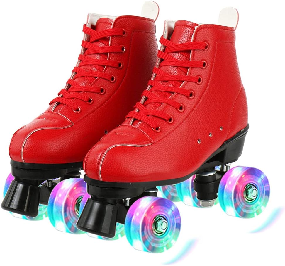 Women Pu Microfiber Roller Skates Skating Shoes Sliding Inline Quad Skates Sneakers Training Europe Size 2 Row 4 Wheels for Adult Kids Youth Boys Girls Outdoor
