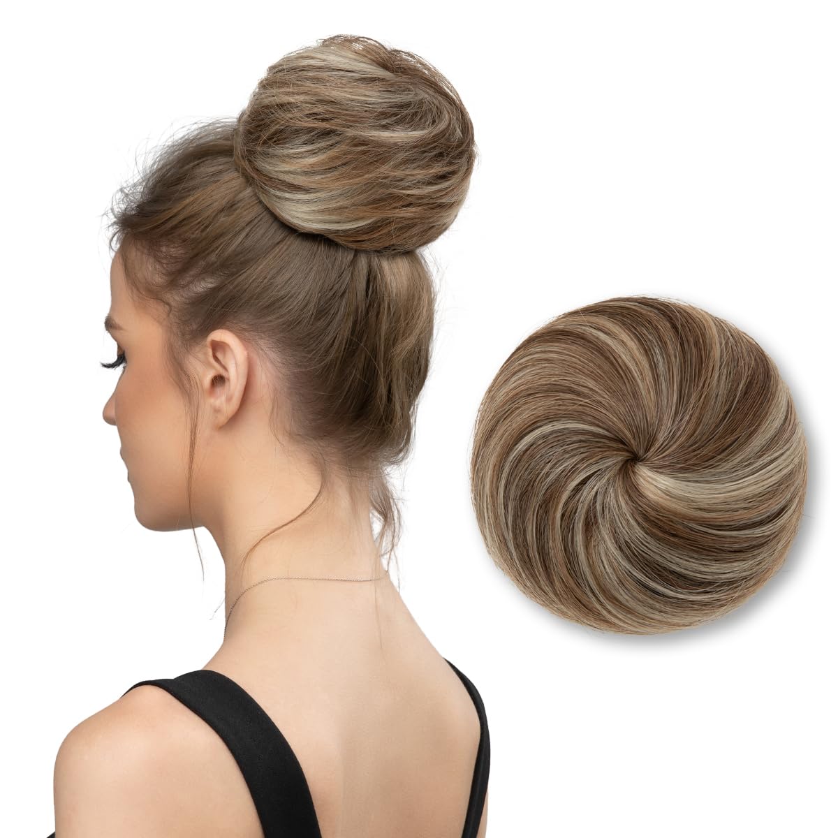 SARLA Hair Buns Extension Drawstring Updo Donut Chignon Straight Synthetic Round Fake Ballet Bun for Womens Lady Dark Sand