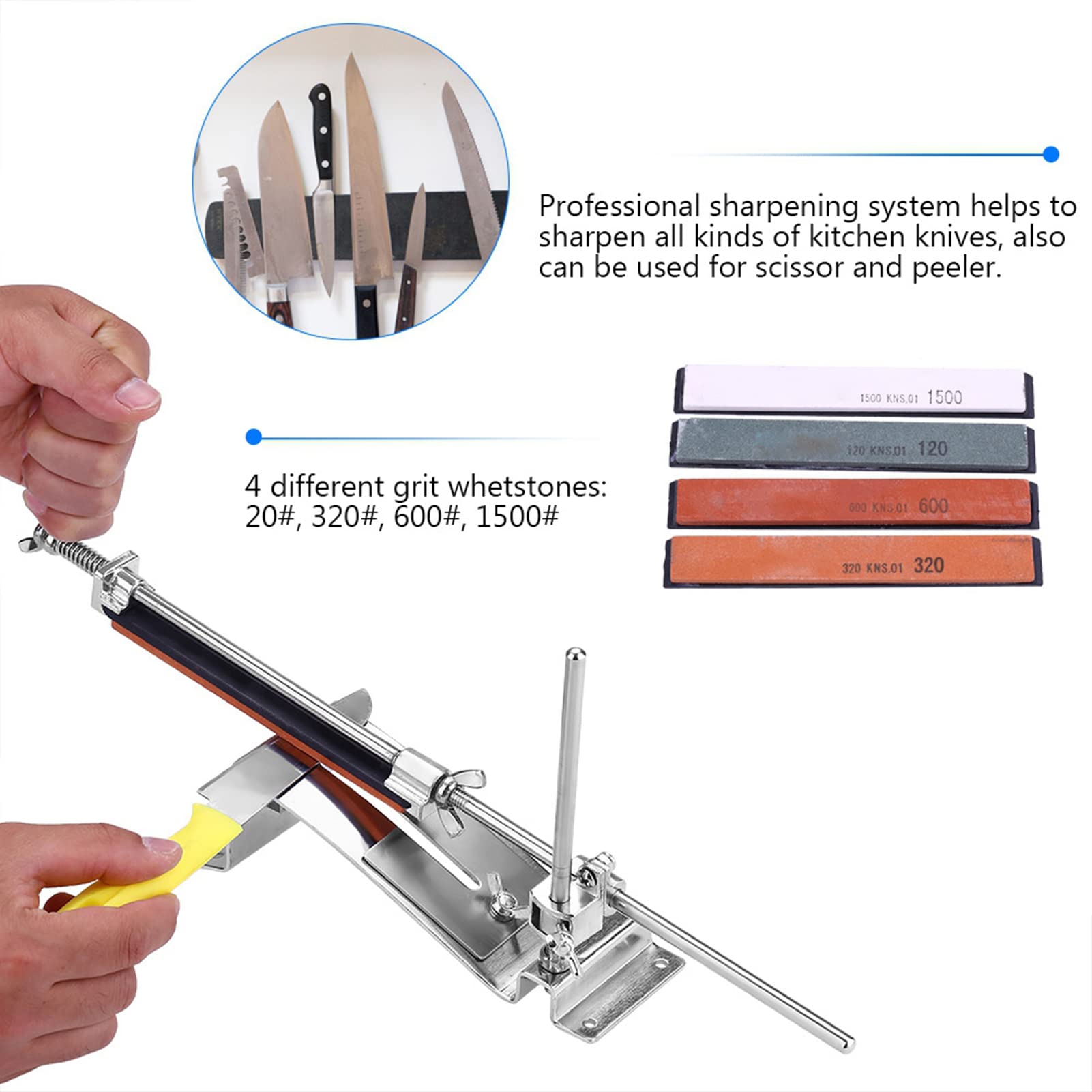 EMUKOEP Pierre à Aiguiser en Acier Inoxydable, Outils D'affûtage, Système D'affûtage à Angle Fixe, 4 Pierres à Aiguiser, Outil de Couteaux de Cuisine