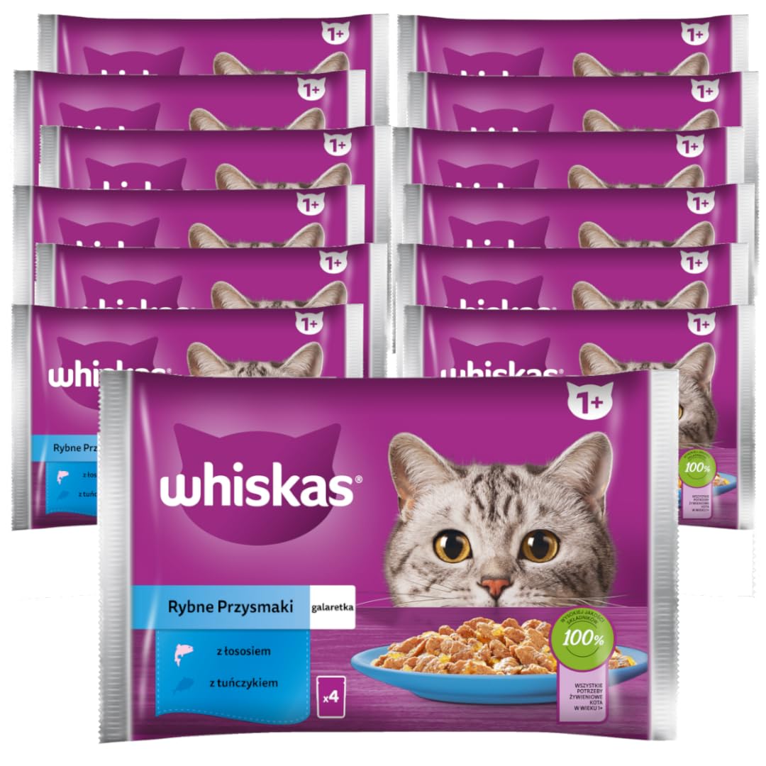 WHISKAS Comida para gatos – 52 bolsas frescas (13 paquetes de 4 x 85 g) – Peces favoritos (2 variedades) – Paté para gatos adultos en gelatina – Comida húmeda completa apta también gatos esterilizados
