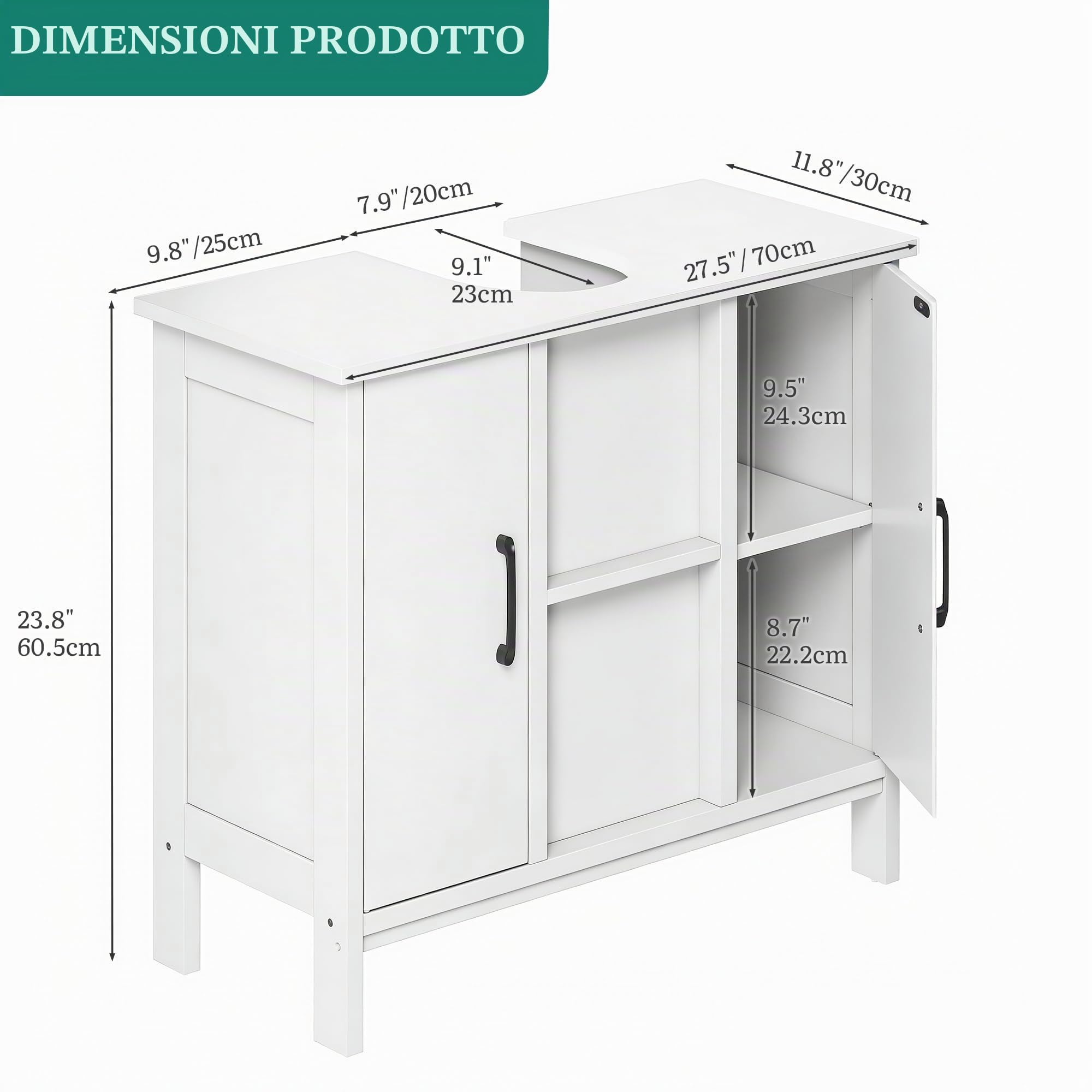 YITAHOME Mobile bagno sotto lavabo, mobile lavabo senza lavabo, mobile bagno con 2 ante, ripiano regolabile, 27,5 × 11,8 × 60,5 cm